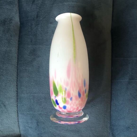 Small Murano Inspired Glass Handblown Vase Tulip Shaped White w/ Multicolor - Picture 5 of 11